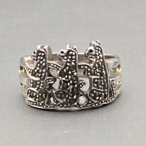 VTG Sterling Silver HAN Marcasite Cat Trio Ring Size 8 Whimsical Feline Design